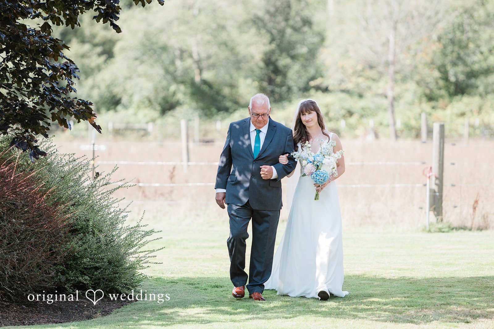 Rachel + Matt Bride walking down the aisle with her father