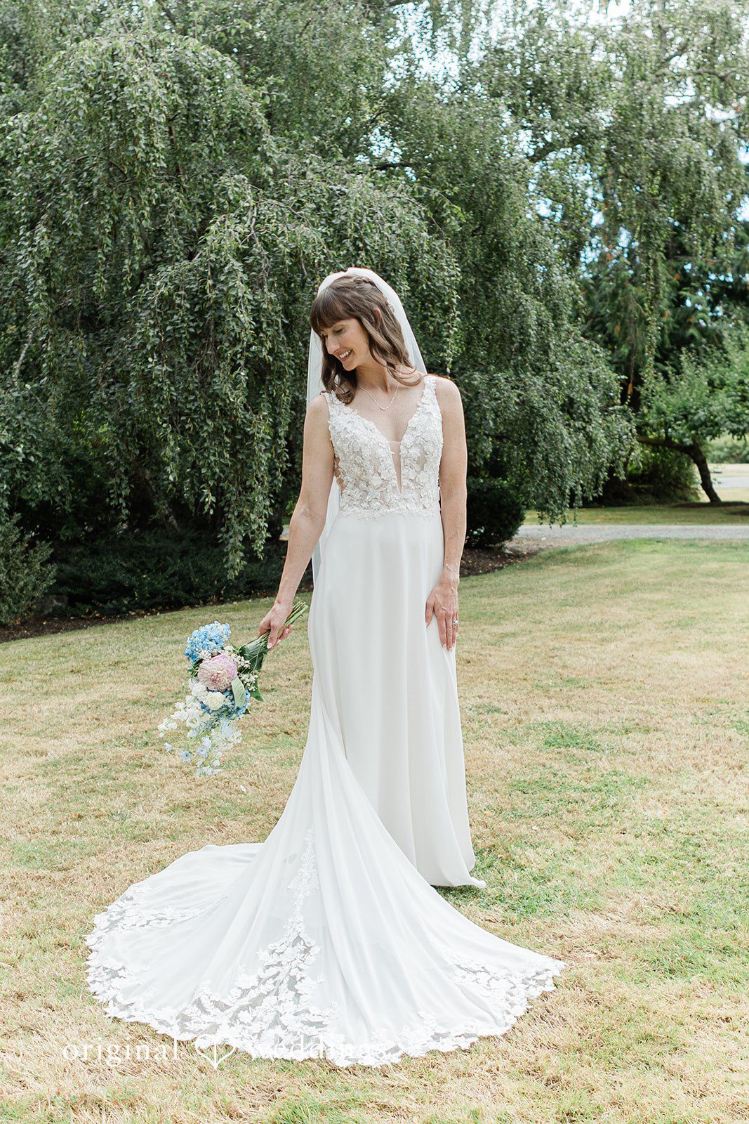Rachel + Matt Full length portrait of Rachel in her gown